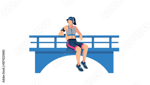 Woman resting after running on bridge in sporty outfit