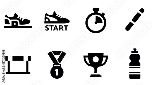 Fitness and competition icons: running shoes, stopwatch, trophies, and more in bold silhouette style