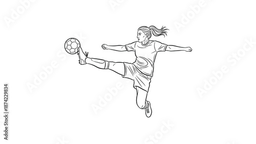 Dynamic female soccer player kicking ball in mid air sketch