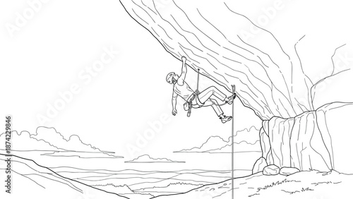 Climber scaling steep cliff with safety gear in linear art style