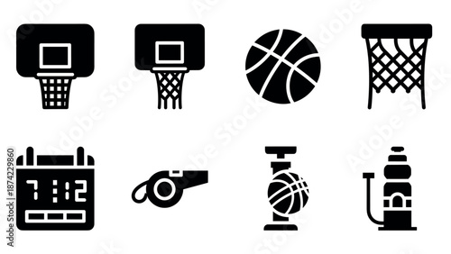 Basketball icon set: hoops, ball, whistle, scoreboard, and more in bold silhouette design