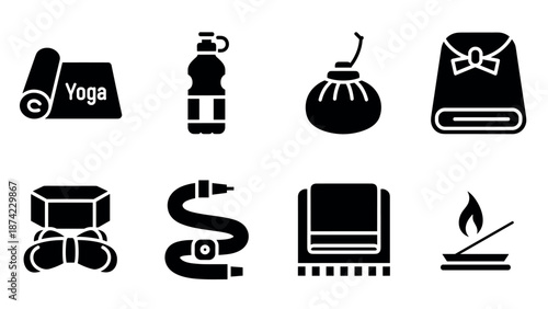 Yoga and meditation equipment silhouette icons: mat, water bottle, diffuser, towel, incense