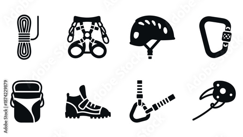 Essential rock climbing gear icons: helmet, ropes, harness, carabiner, and more