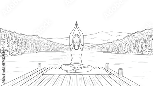 Peaceful yoga meditation on a lakeside dock in nature