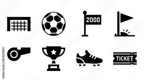 Sports icon set: soccer ball, trophy, stadium, whistle, and more in bold silhouette
