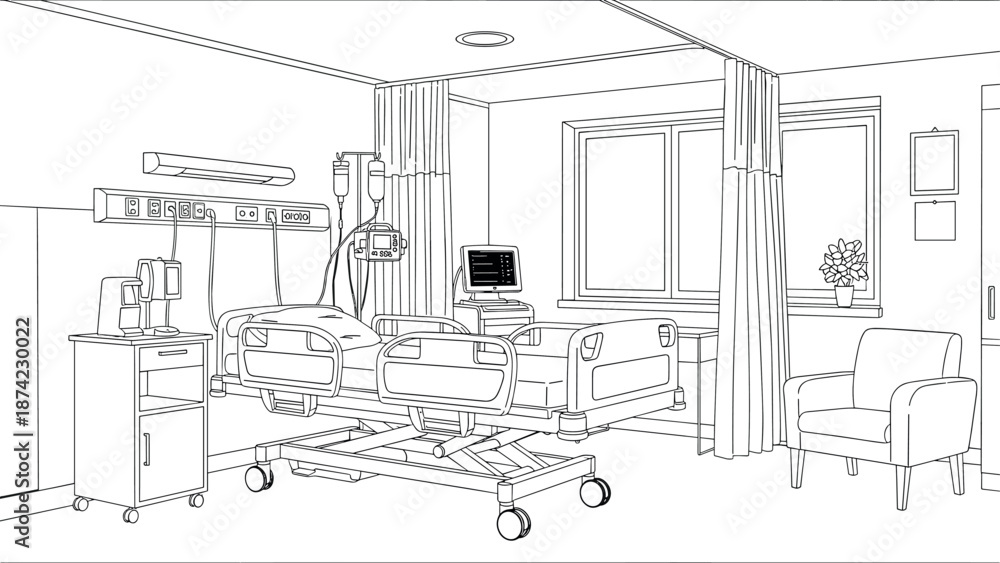 Obraz premium Modern hospital room design with medical equipment and furniture in linear style