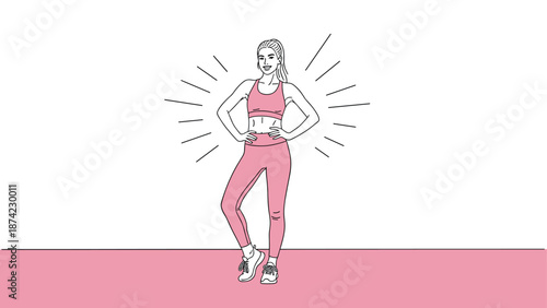 Confident female athlete in pink sportswear standing on fitness mat with radiating lines