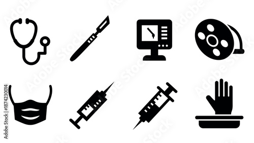Medical equipment icons set: stethoscope, scalpel, syringe, monitor, mask, surgery lamp