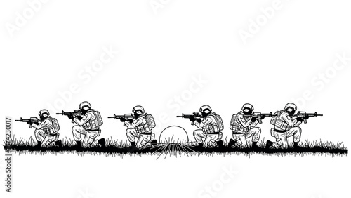 Military team in combat positions in detailed black and white line art style