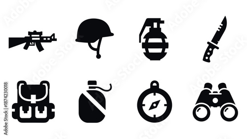 Military silhouette icons: weapons, gear, and equipment essentials