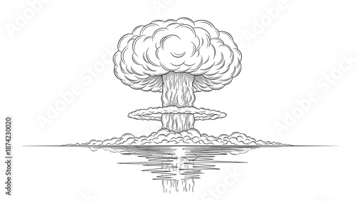 Detailed hand drawn explosion with smoke mushroom cloud reflection