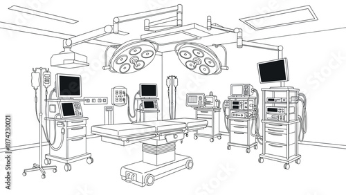 Modern hospital operating room with advanced medical equipment in linear style