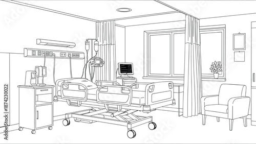 Modern hospital room design with medical equipment and furniture in linear style