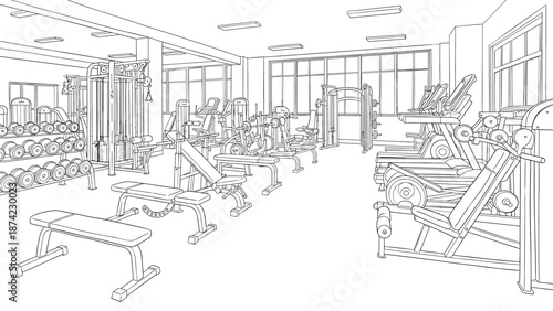 Modern fitness center in linear art style