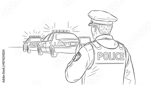 Police officer observing traffic stop scene with patrol cars in line art style