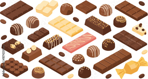 Flat isometric illustration of assorted chocolate candies and bars, sweet dessert treats, confectionery collection, cocoa products, delicious food background design