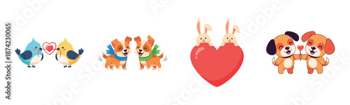 Cute animals in love: birds, puppies, bunnies, and dogs with heart symbol