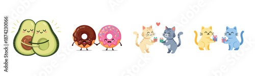 Cute food and animal characters displaying friendship and joy