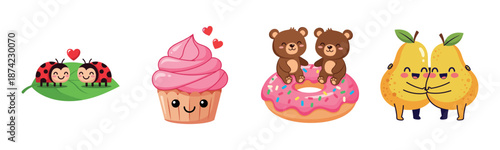 Cute cartoon food and animal characters with hearts and smiles