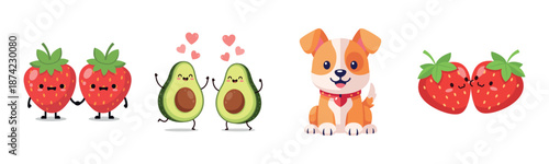 Cute cartoon fruits dance with happy avocados and playful puppy