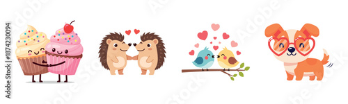 Cute cartoon animals and food with love theme and hearts