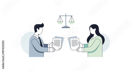 Businessman and woman exchanging documents under a scale of justice symbolizing agreement and fairness in a professional setting with a minimalist style