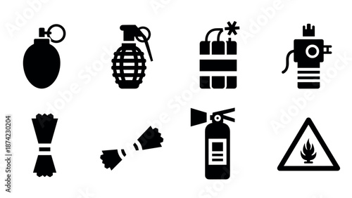 Silhouette icons of explosive devices and hazard warning sign