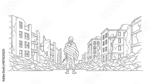 Soldier surrounded by war ruins in a cityscape outline with flag