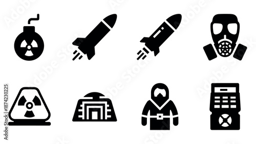 Military silhouette icons: rockets, gas mask, nuclear symbols, bunker,