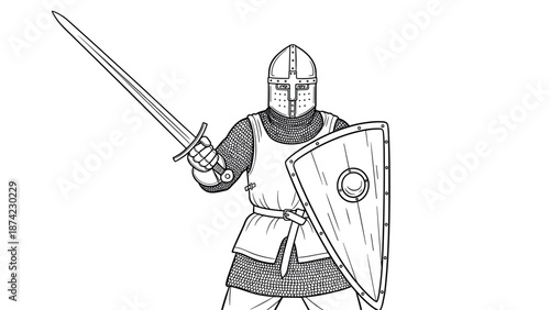 Medieval knight in full armor holding sword and shield in detailed mon