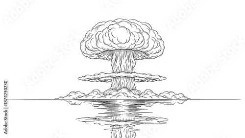 Dramatic explosion over water with detailed reflection in black and white outline