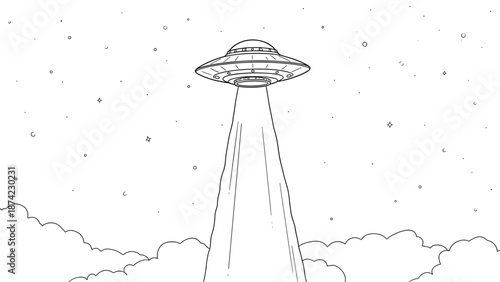 Ufo in space: linear black and white art of alien spaceship with light