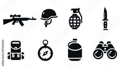 Military equipment icons: rifle, helmet, grenade, and more in bold sil