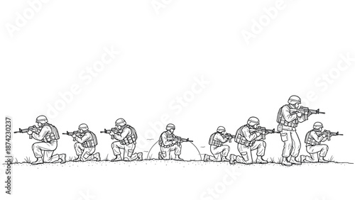 Military tactical line art: soldiers in formation with weapons