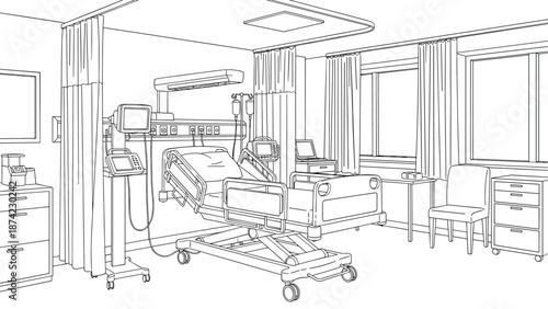 Detailed hospital room with medical equipment in modern line art style