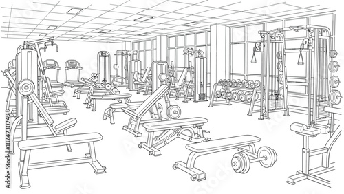 Modern gym interior with exercise equipment in a detailed linear style