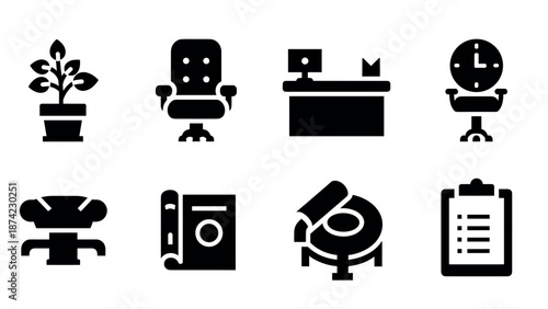 Minimalist office icon set featuring furniture and stationery elements