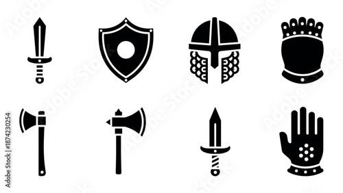 Medieval weapons and armor icons: swords, axes, shields, and helmets