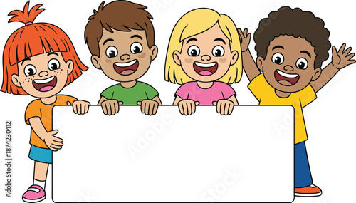 Happy diverse children holding blank banner, cute cartoon kids illustration, education friendship concept, smiling multicultural group with empty sign