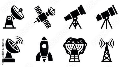 Space technology icons: satellites, telescopes, rockets, and antennas