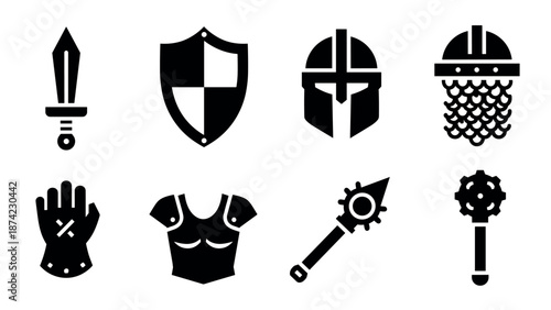 Medieval weaponry and armor icons set in bold silhouette style
