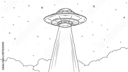 Ufo spaceship hovering in starry night sky with beam of light in linear art style
