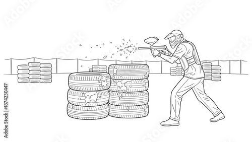 Outline of player in action at a paintball field with tire stack