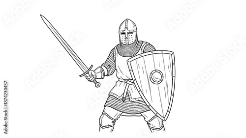 Medieval knight with sword and shield in detailed outline style
