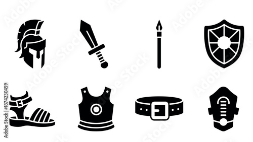 Ancient greek warfare icons: helmet, sword, spear, shield, sandals, armor, belt, mask