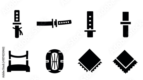 Minimalist samurai weapons and gear icons collection