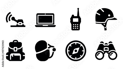 Silhouette icons of travel and technology equipment