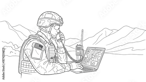 Line art of military personnel using a laptop and radio in mountainous terrain
