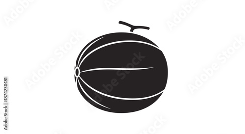 A black and white illustration of a stylized melon or gourd with a stem on top against a plain background with vector and fruit and food and healthy