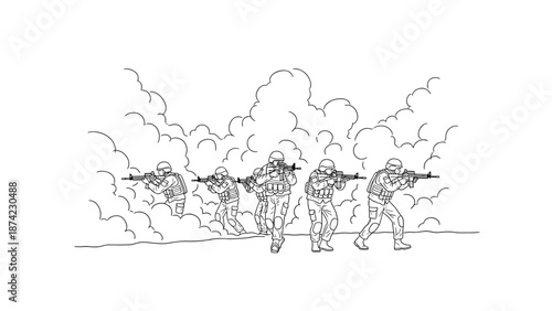 Linear drawing of soldiers advancing through smoke in tactical gear